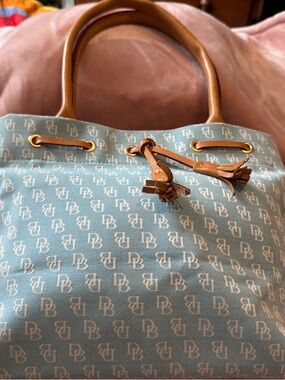 Dooney & Bourke Light Blue Canvas Drawstring Tote with Tan Trim